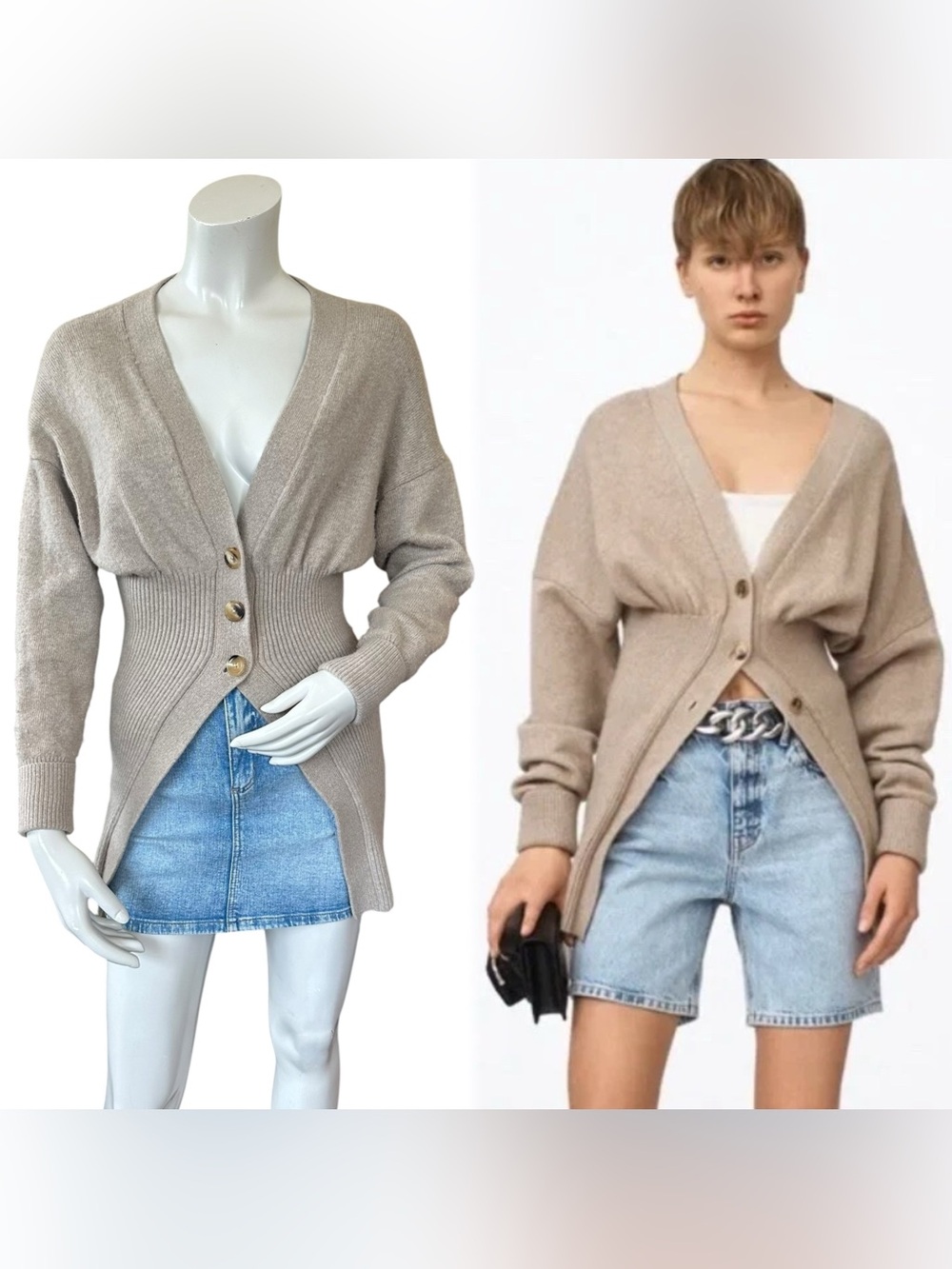 Alexander Wang Wool Blend Smocked Waist Cardigan Light Oatmeal Melange XS
